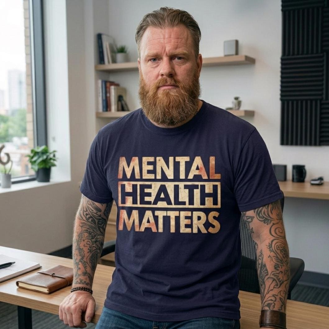 Bearded man in a home office wearing the "Mental Health Matters" vintage awareness T-shirt by SarcasmArt in True Navy – a mental health awareness gift.
