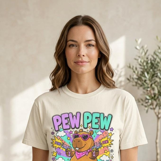Woman in jeans wearing the "Pew Pew Madafakas" capybara meme T-shirt by SarcasmArt in Ivory.