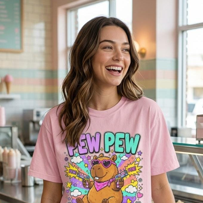 Smiling woman in a café wearing the "Pew Pew Madafakas" capybara meme T-shirt by SarcasmArt in Blossom (soft pink).