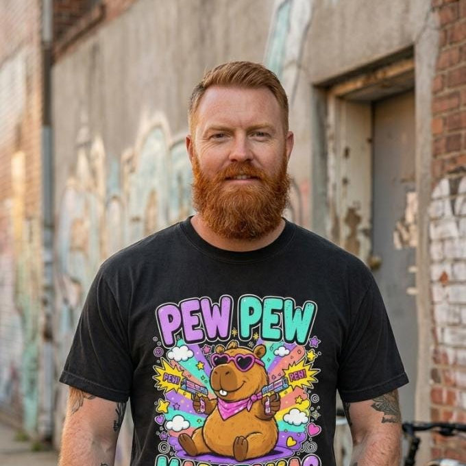 Bearded man on an urban street wearing the "Pew Pew Madafakas" capybara meme T-shirt by SarcasmArt in Black.