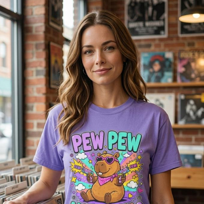 Woman in a vintage shop wearing the "Pew Pew Madafakas" capybara meme T-shirt by SarcasmArt in Violet – a Comfort Colors 1717 unisex tee with a cool capybara in sunglasses with laser guns, colorful paint splashes and bold PEW PEW MADAFAKAS lettering in teal, pink and yellow.