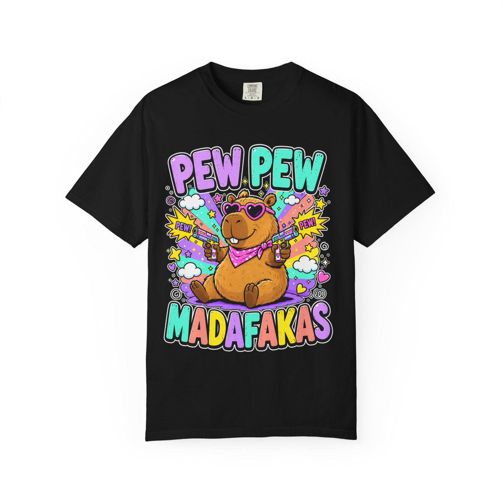 Black "Pew Pew Madafakas" capybara meme T-shirt by SarcasmArt on a white background.