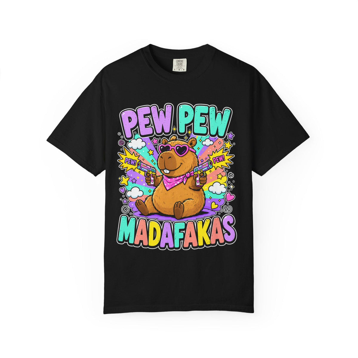 Black "Pew Pew Madafakas" capybara meme T-shirt by SarcasmArt on a white background.