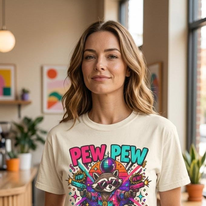 Woman in a sunny loft wearing the "Pew Pew Madafakas" raccoon meme T-shirt by SarcasmArt in Ivory – a Comfort Colors 1717 unisex tee with a neon trash panda raccoon with laser guns, paint splashes and bold PEW PEW MADAFAKAS lettering in pink, teal and orange.