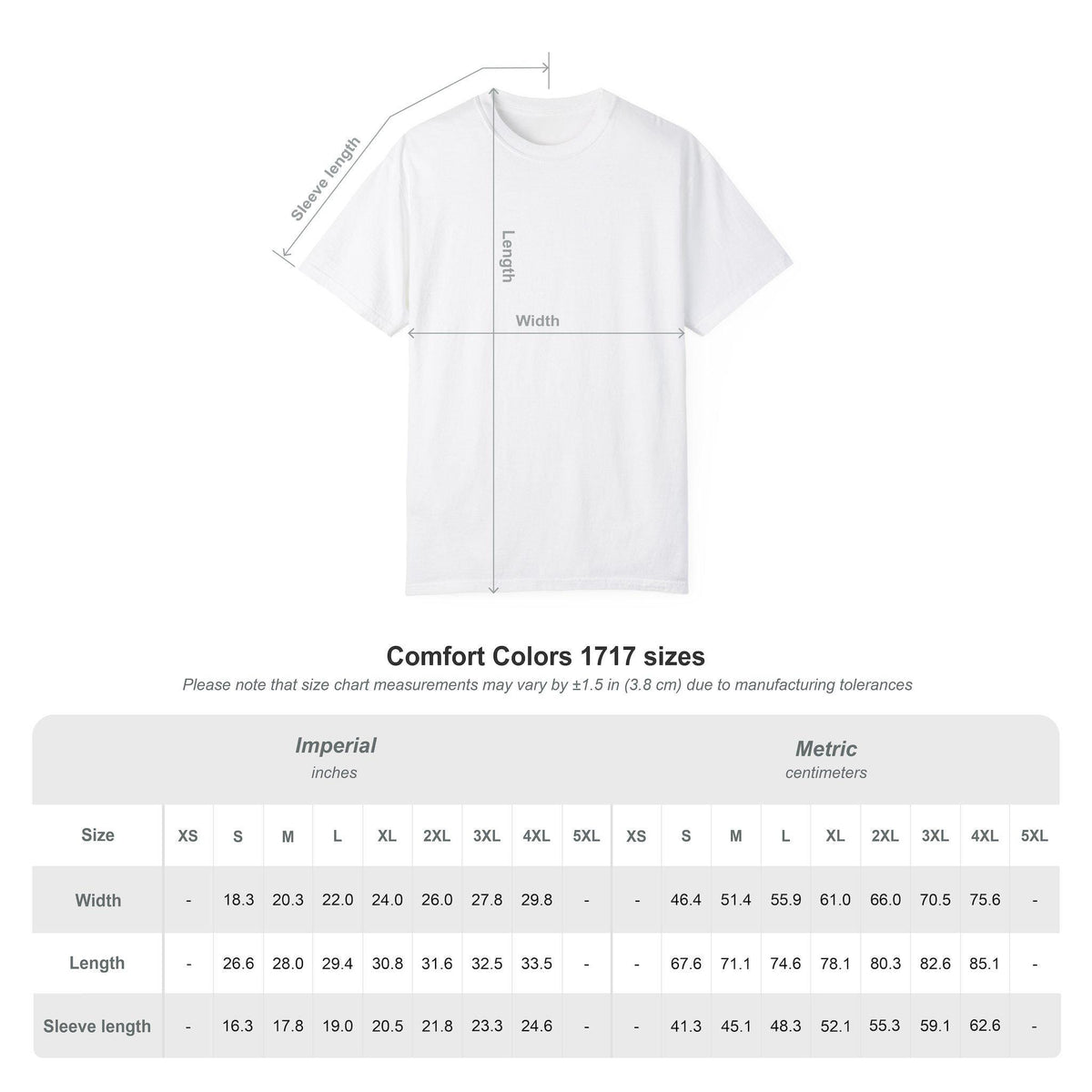 Comfort Colors 1717 size table for the "Pew Pew Madafakas" raccoon meme T-shirt by SarcasmArt: width, length and sleeve in inches and centimeters.