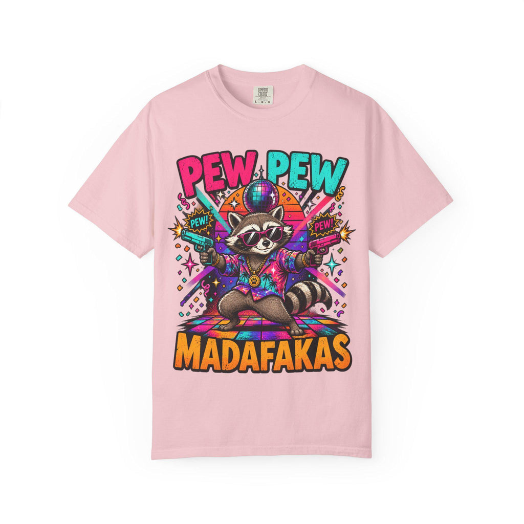 Blossom (soft pink) "Pew Pew Madafakas" raccoon meme T-shirt by SarcasmArt on a white background.