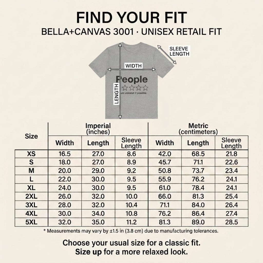 Find your fit: size chart for the "People – 1 Star, Would Uninstall If Possible" funny review T-shirt by SarcasmArt (Bella+Canvas 3001) with width, length and sleeve in inches and centimeters for sizes XS to 4XL – choose your usual size, size up for a relaxed look.