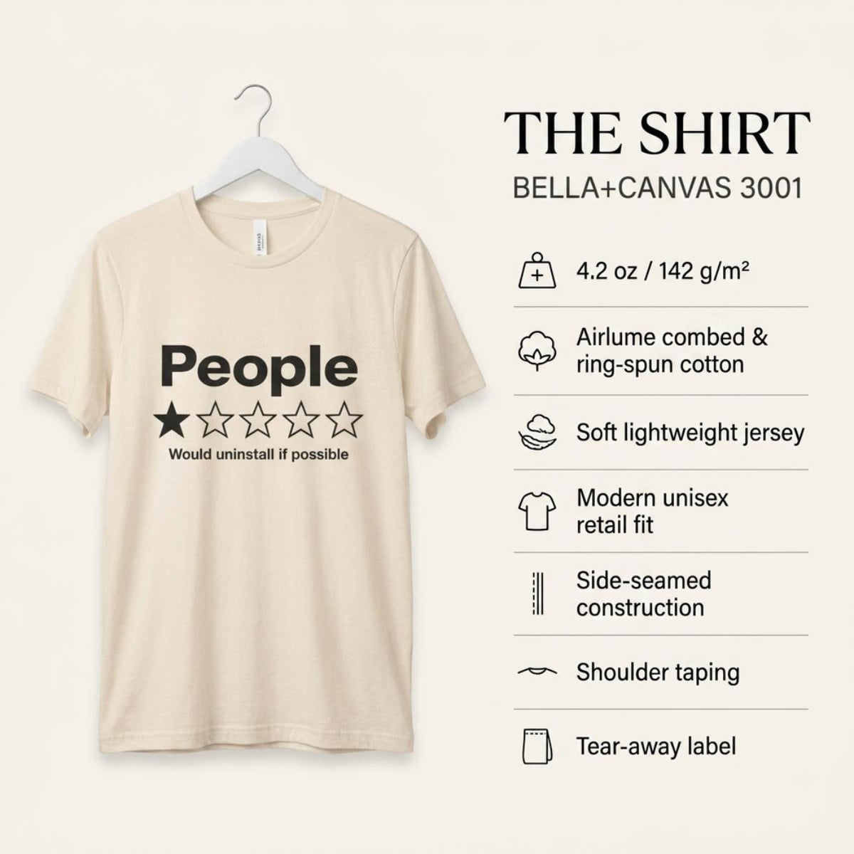 The shirt behind the "People – 1 Star, Would Uninstall If Possible" funny review T-shirt by SarcasmArt: Bella+Canvas 3001, 4.2 oz Airlume combed ring-spun cotton, soft lightweight jersey, modern unisex retail fit, side-seamed with shoulder taping and tear-away label.