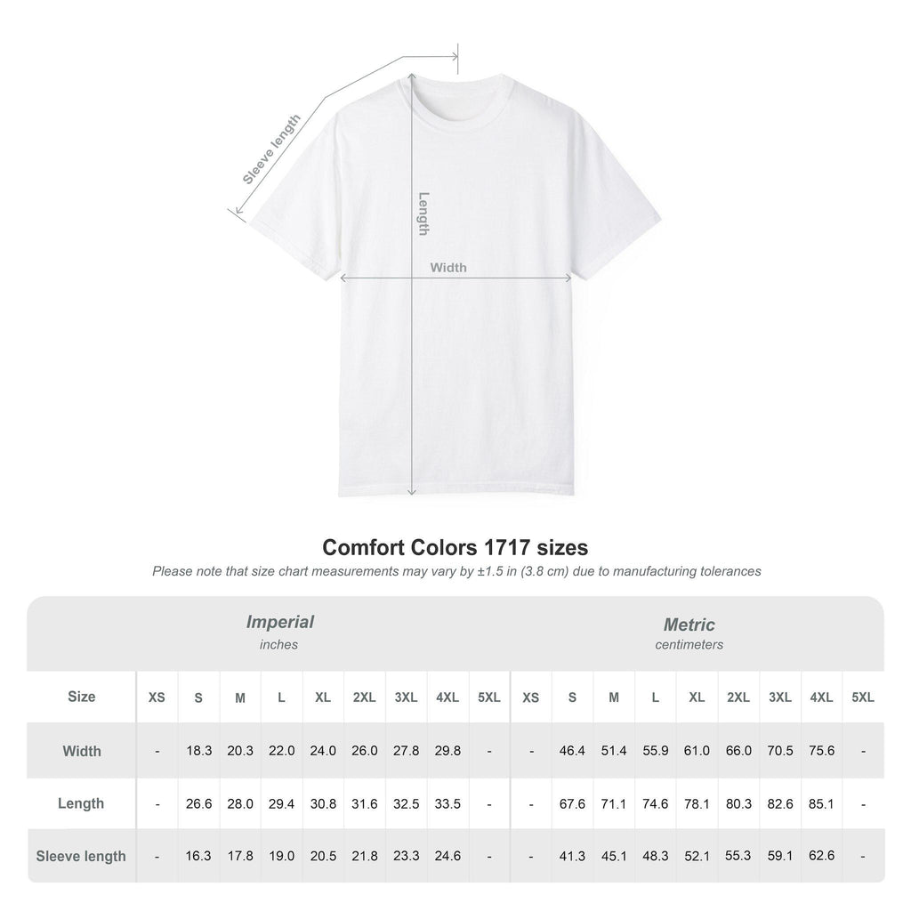 Comfort Colors 1717 size table for the "Yes, I Accept All Cookies" funny programmer T-shirt by SarcasmArt: width, length and sleeve in inches and centimeters.