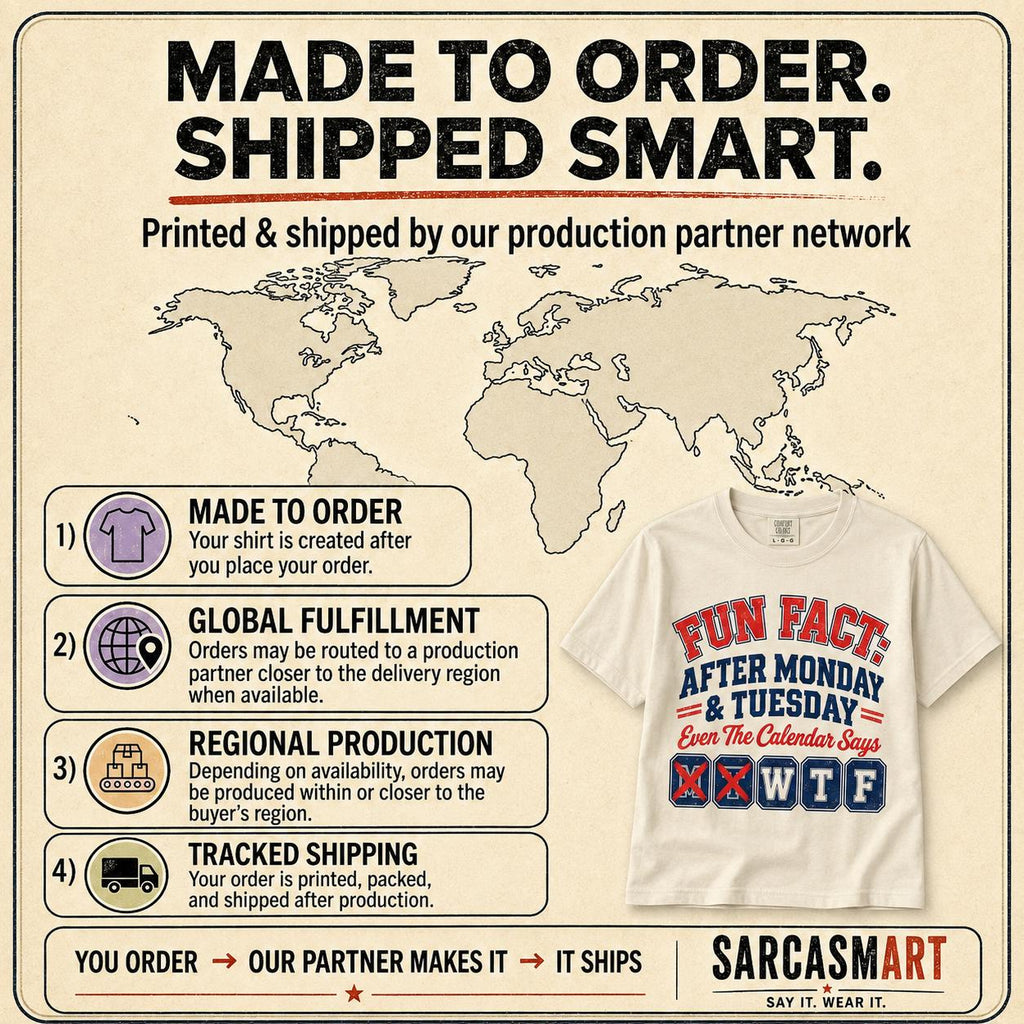 Made to order, shipped smart: the "Fun Fact: After Monday & Tuesday" WTF varsity work T-shirt by SarcasmArt is printed and shipped by our production partner network with regional production, global fulfillment and tracked shipping.