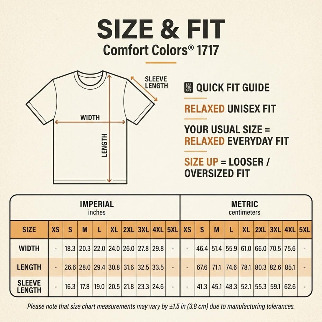 Size and fit chart for the "Surviving on Candy & Caffeine" Halloween mom T-shirt by SarcasmArt (Comfort Colors 1717): imperial and metric width, length and sleeve measurements, relaxed unisex fit, size up for an oversized look.