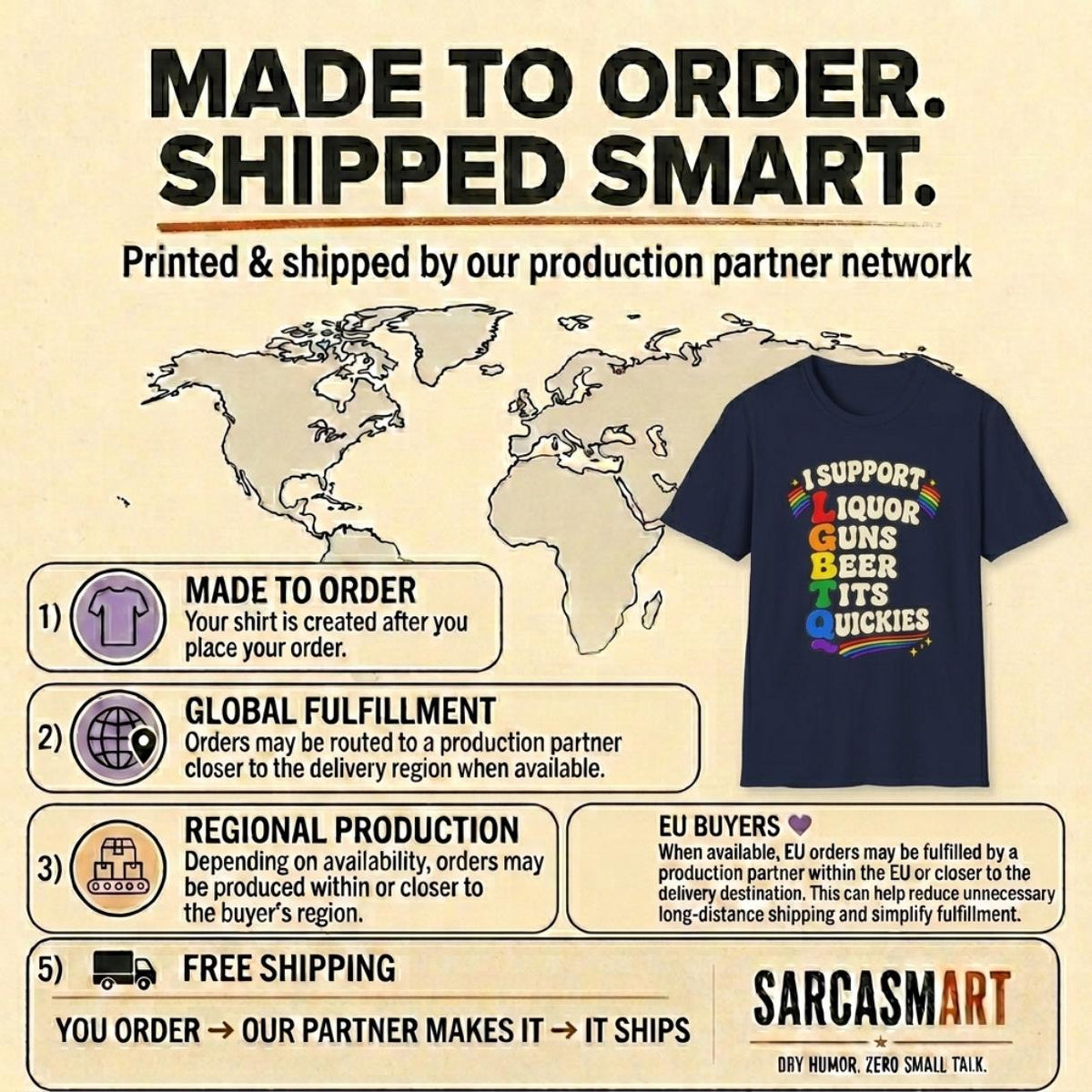 Made to order, shipped smart: the "I Support LGBTQ" inappropriate adult humor T-shirt by SarcasmArt is printed and shipped by our production partner network with regional production, global fulfillment and free shipping – a funny gag gift.