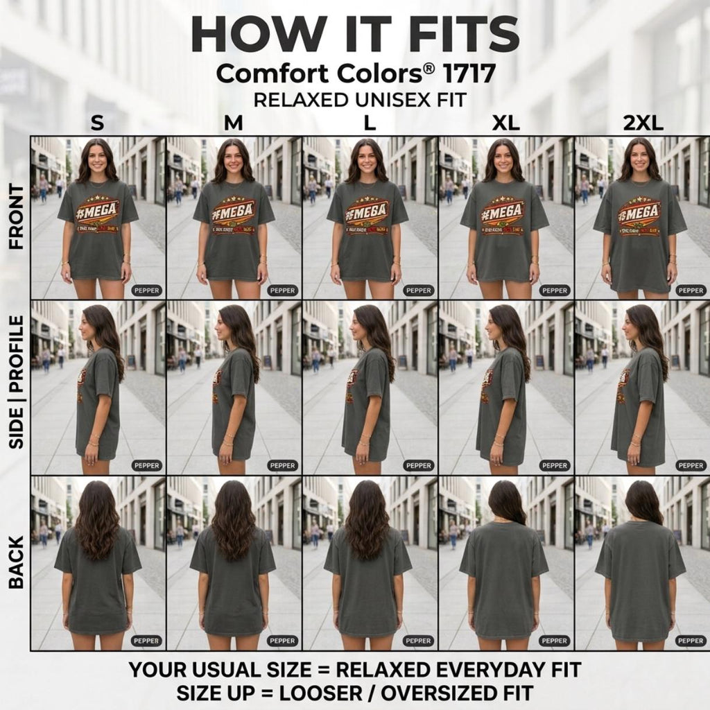 How the "#MEGA Make Europe Great Again" Germany T-shirt by SarcasmArt fits: front, side and back views in sizes S to 2XL – your usual size for a relaxed everyday fit, size up for oversized.