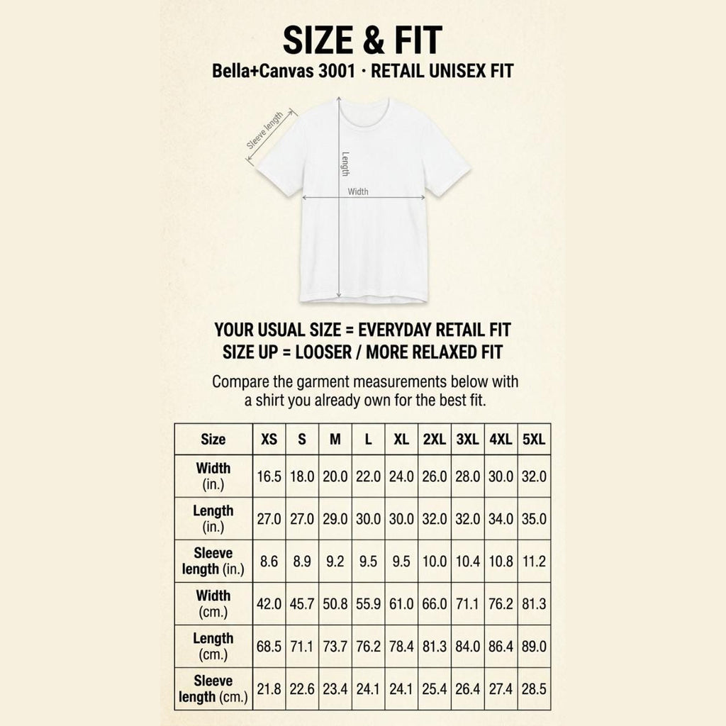 Size and fit chart for the "F*ck Off" retro tropical beach T-shirt by SarcasmArt (Bella+Canvas 3001 retail unisex fit): width, length and sleeve length in inches and centimeters.
