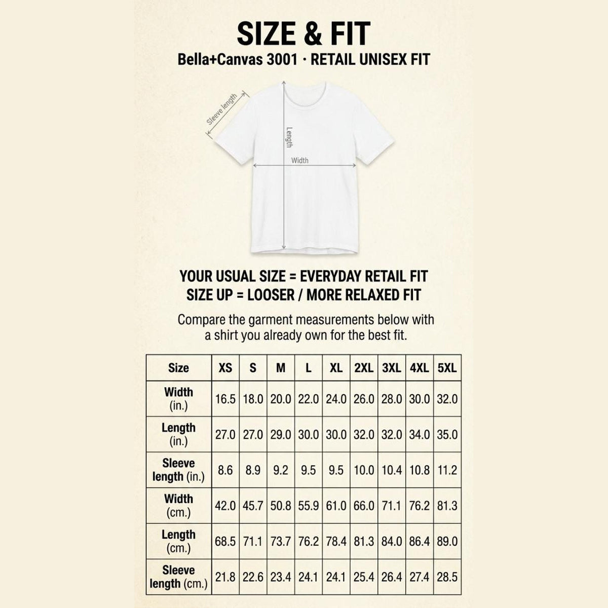 Size and fit chart for the "F*ck Off" retro tropical beach T-shirt by SarcasmArt (Bella+Canvas 3001 retail unisex fit): width, length and sleeve length in inches and centimeters.