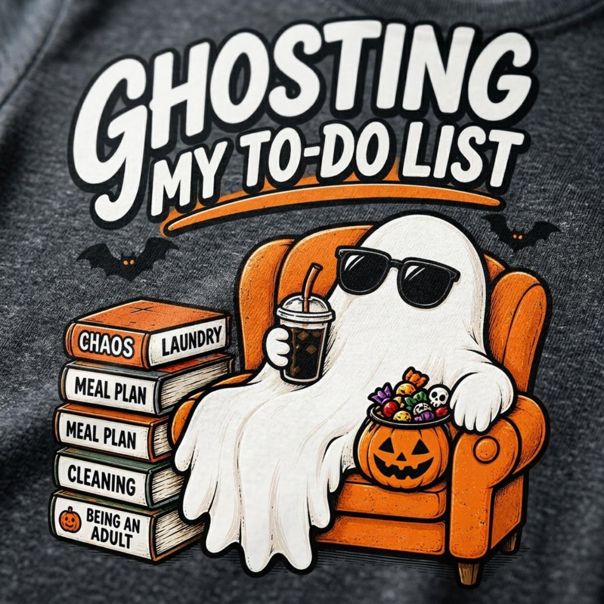 Print close-up of the "Ghosting My To-Do List" retro Halloween procrastinator T-shirt by SarcasmArt on Dark Heather: a cool ghost in sunglasses lounging in an orange armchair with an iced coffee and a candy pumpkin next to a stack of ignored chores like laundry, meal plan and cleaning, under the words GHOSTING MY TO-DO LIST.