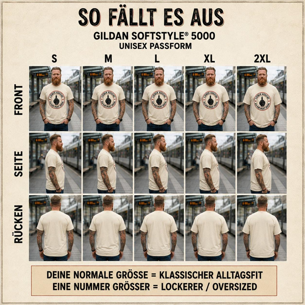 How the "Lieber asozial als gar nicht sozial" middle finger T-shirt by SarcasmArt fits (So fällt es aus): front, side and back views of the Gildan Softstyle unisex fit in sizes S to 2XL – your usual size for a classic fit, one size up for a looser look.
