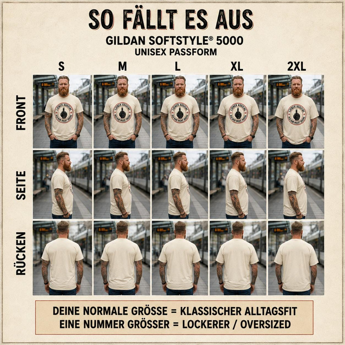 How the "Lieber asozial als gar nicht sozial" middle finger T-shirt by SarcasmArt fits (So fällt es aus): front, side and back views of the Gildan Softstyle unisex fit in sizes S to 2XL – your usual size for a classic fit, one size up for a looser look.