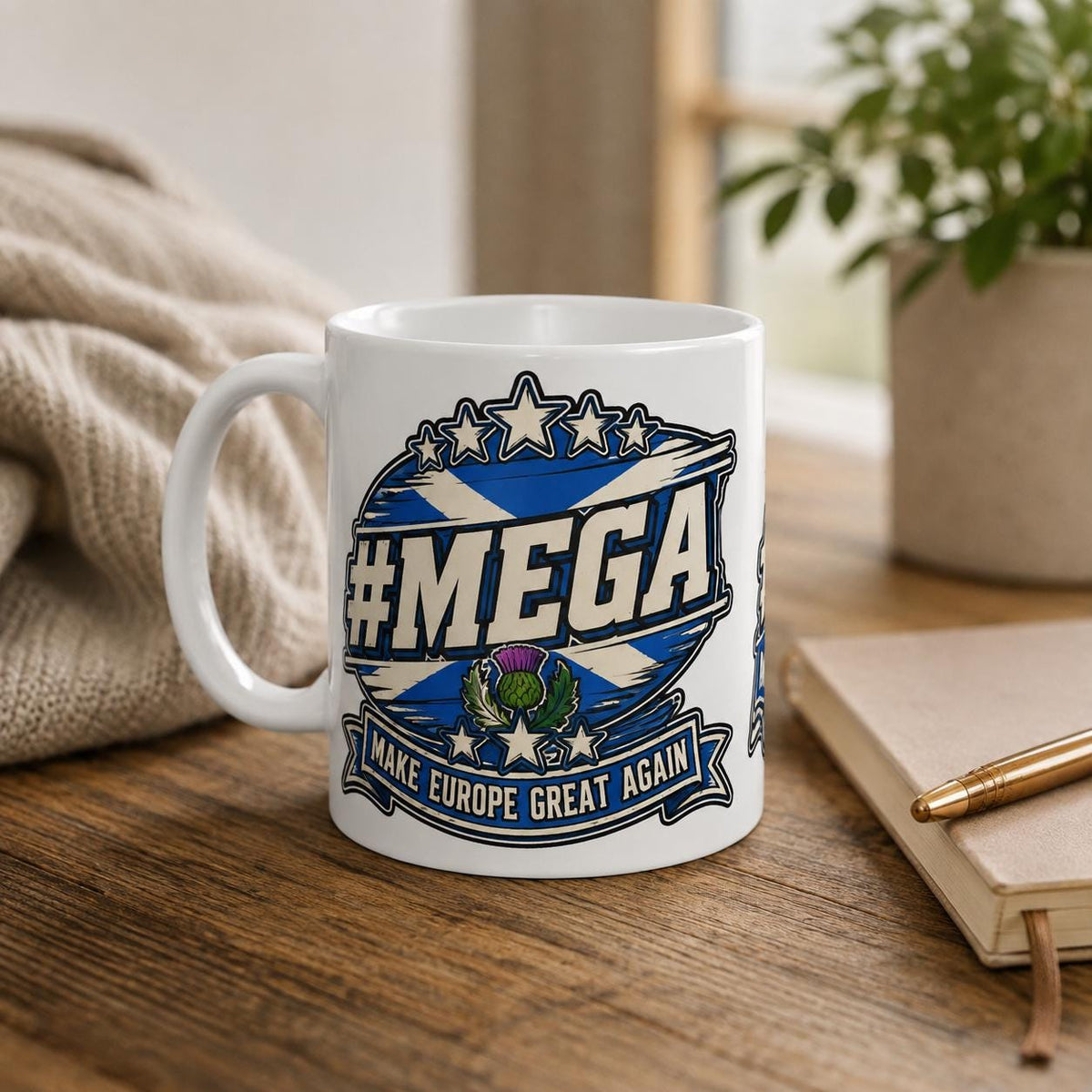 Scotland Mug – Make Europe Great Again Coffee Cup by SarcasmArt. A white ceramic mug featuring a graphic design with a blue and white Scottish flag background, a purple thistle, and the text #MEGA and MAKE EUROPE GREAT AGAIN in bold blue lettering, accented by white stars at the top and bottom.