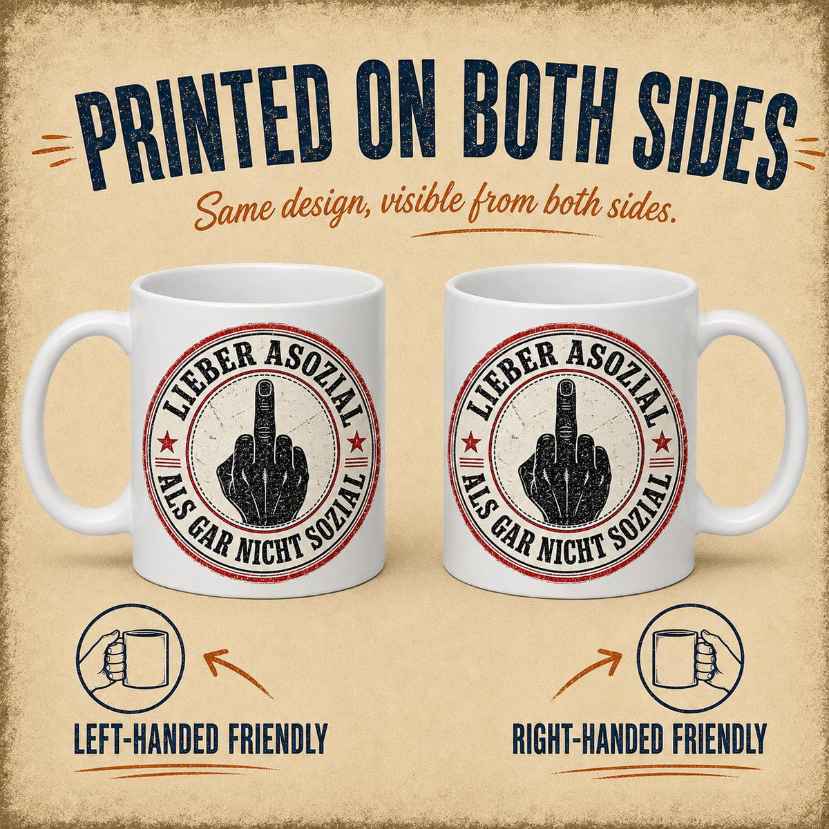 Printed on both sides: the "Lieber asozial als gar nicht sozial" middle finger coffee mug by SarcasmArt shows the same design on both sides – left-handed and right-handed friendly.