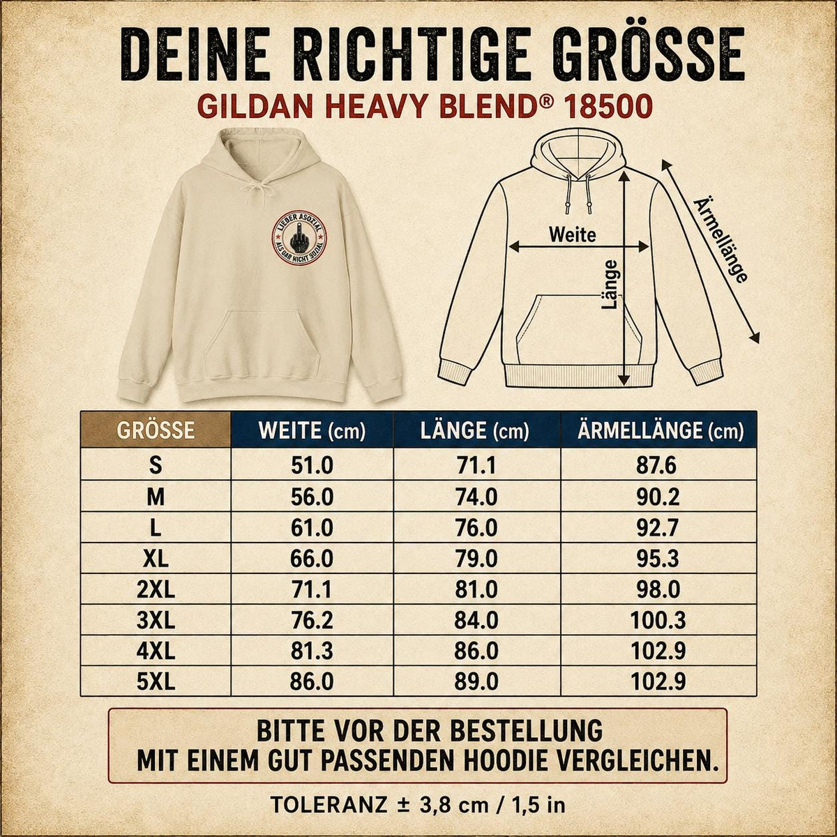 Size chart (Deine richtige Größe) for the "Lieber asozial als gar nicht sozial" middle finger hoodie by SarcasmArt (Gildan Heavy Blend 18500): width, length and sleeve length in cm for sizes S to 5XL.