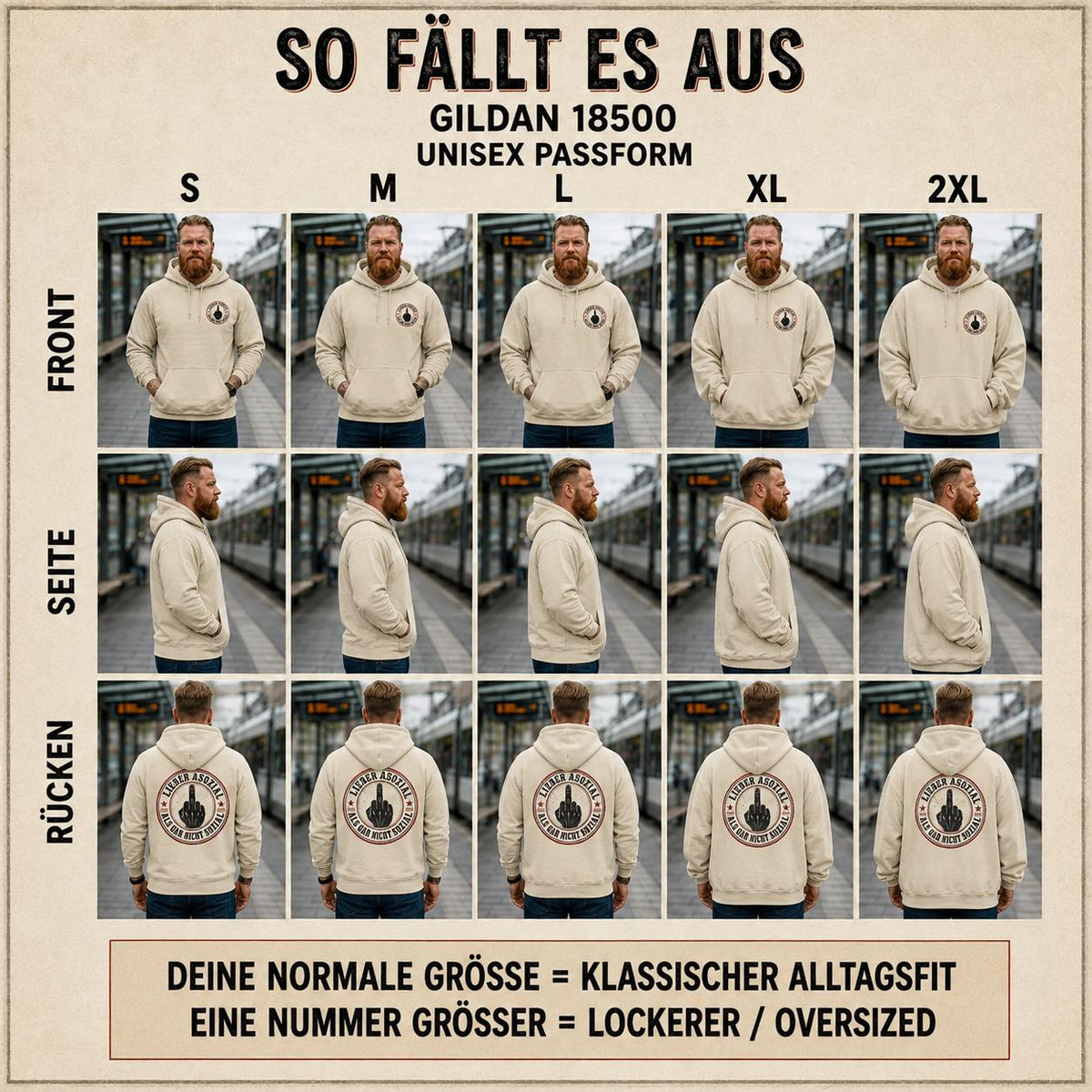 How the "Lieber asozial als gar nicht sozial" middle finger hoodie by SarcasmArt fits (So fällt es aus): front, side and back views in sizes S to 2XL – your usual size for a classic fit, one size up for an oversized look.