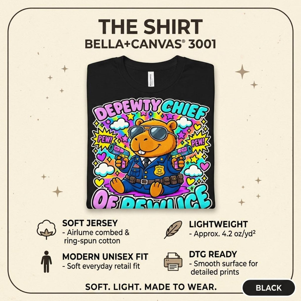The shirt behind the "Depewty Chief of Pewlice" capybara meme T-shirt by SarcasmArt: Bella+Canvas 3001, soft jersey Airlume combed ring-spun cotton, lightweight 4.2 oz, modern unisex fit, smooth DTG-ready surface.