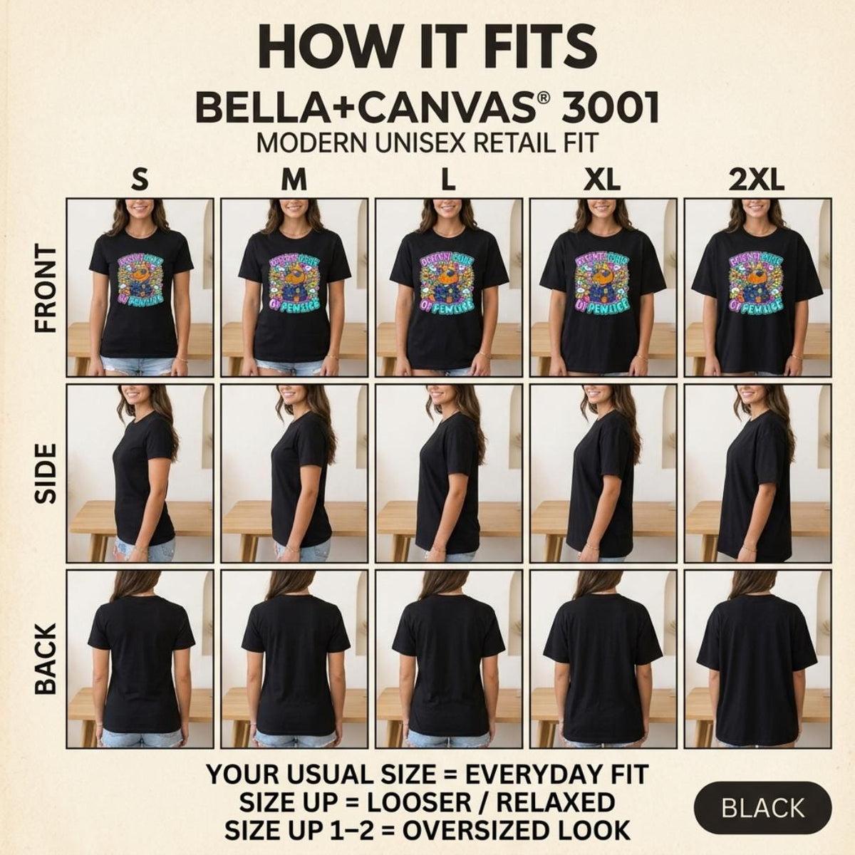 How the "Depewty Chief of Pewlice" capybara meme T-shirt by SarcasmArt fits: front, side and back views of the Bella+Canvas 3001 modern unisex retail fit in sizes S to 2XL – size up for a looser look.