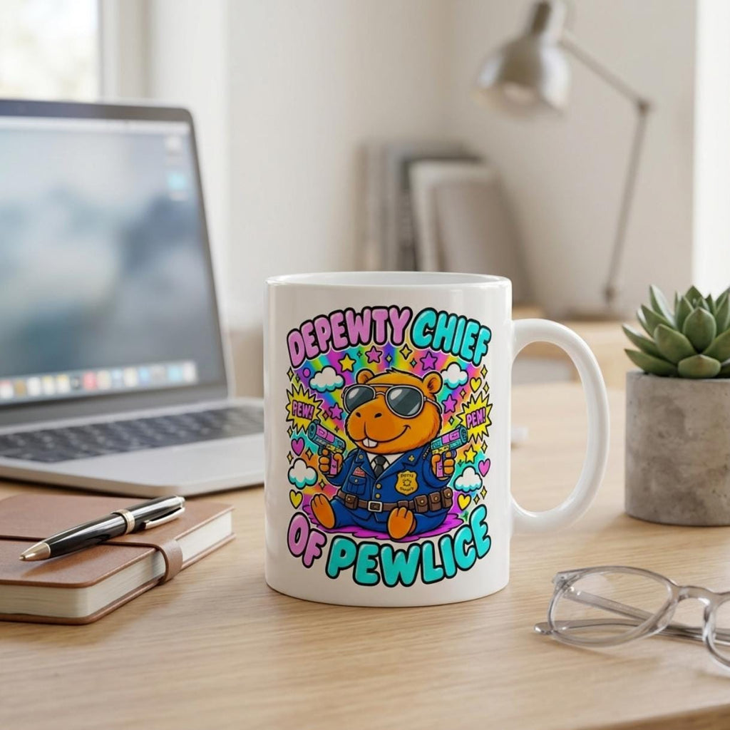 The "Depewty Chief of Pewlice" capybara coffee mug by SarcasmArt on a home office desk next to a laptop and glasses.