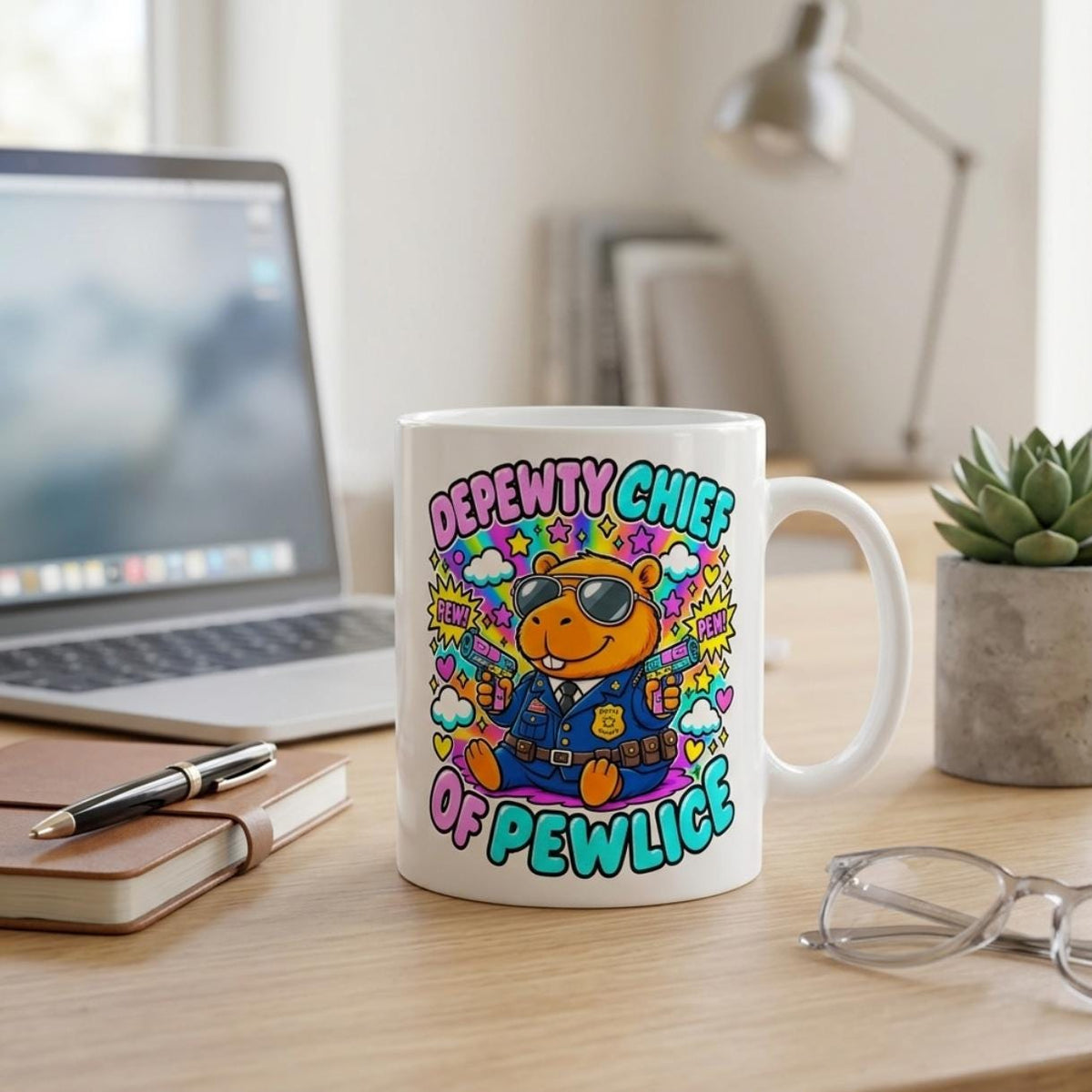 The "Depewty Chief of Pewlice" capybara coffee mug by SarcasmArt on a home office desk next to a laptop and glasses.
