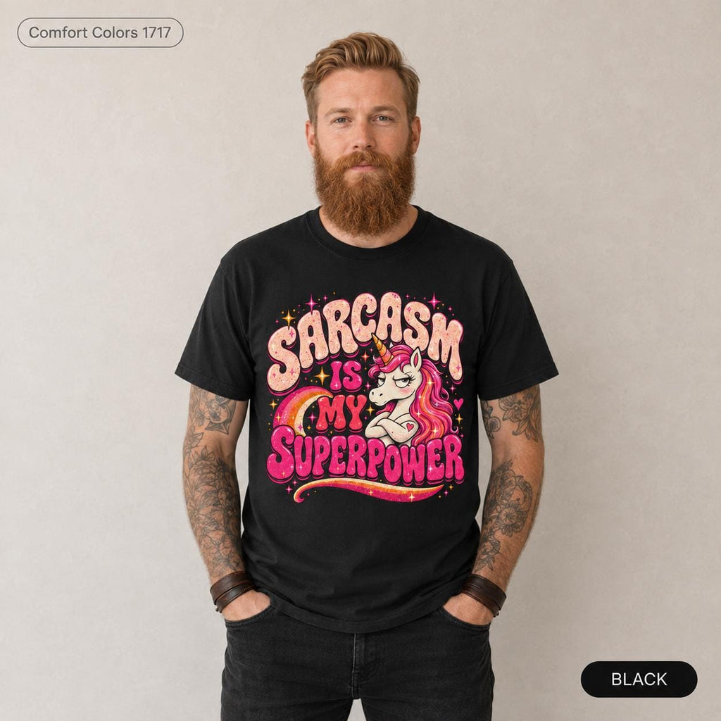 Bearded man wearing the "Sarcasm Is My Superpower" unicorn T-shirt by SarcasmArt in Black.
