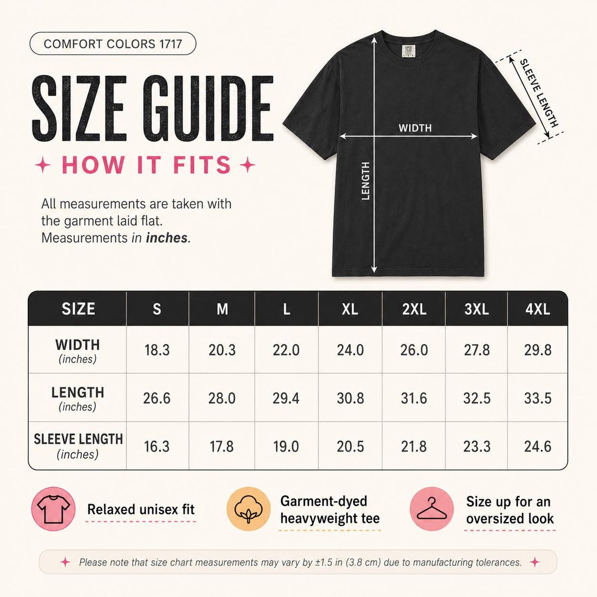 Size guide for the "Sarcasm Is My Superpower" unicorn T-shirt by SarcasmArt (Comfort Colors 1717): width, length and sleeve length in inches for sizes S to 4XL – relaxed unisex fit, size up for an oversized look.