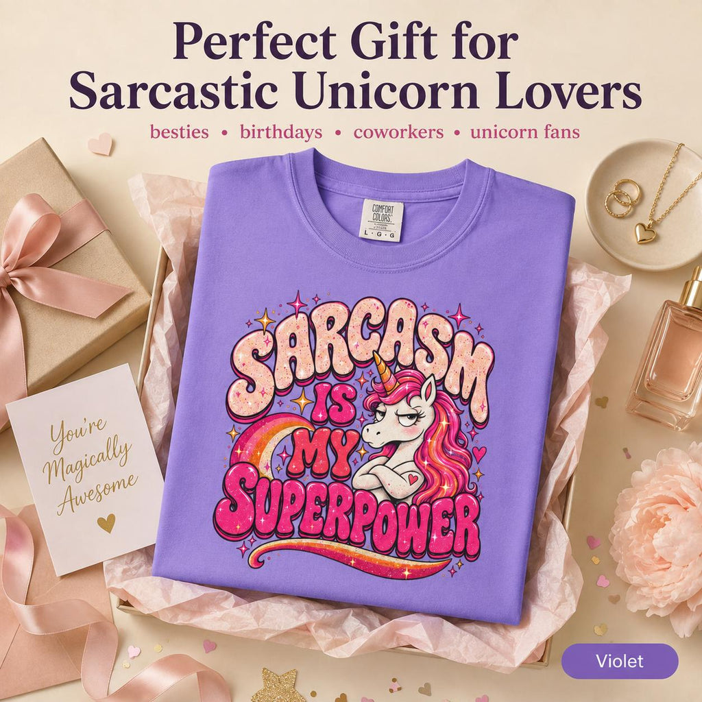 Perfect gift for sarcastic unicorn lovers: the "Sarcasm Is My Superpower" unicorn T-shirt by SarcasmArt in Violet folded in a gift box – for besties, birthdays and coworkers.