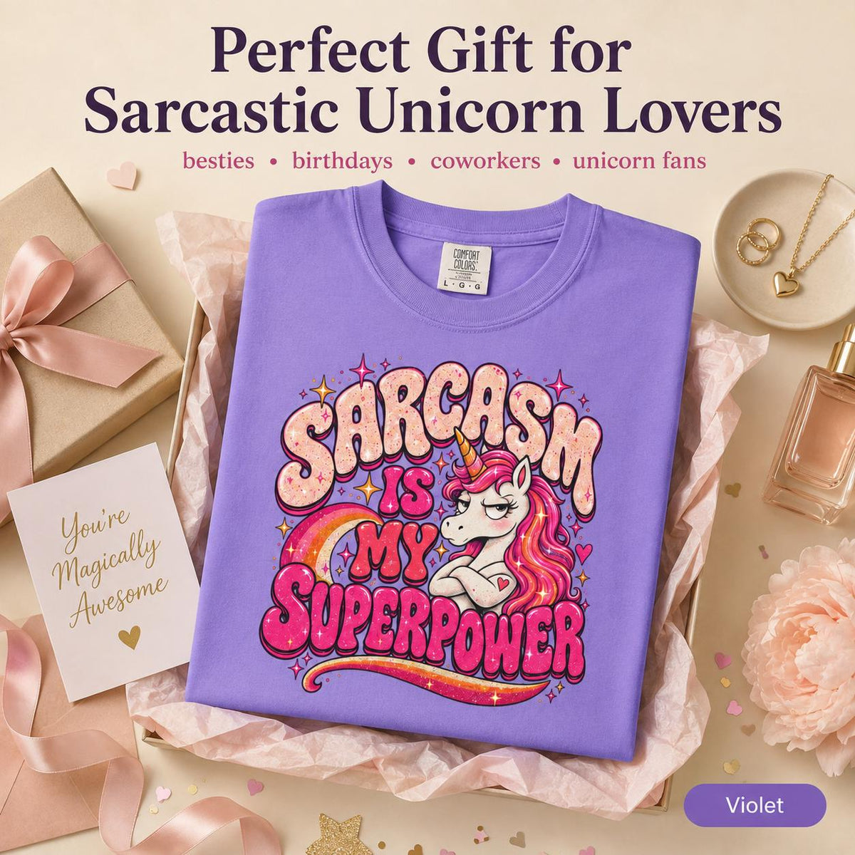 Perfect gift for sarcastic unicorn lovers: the "Sarcasm Is My Superpower" unicorn T-shirt by SarcasmArt in Violet folded in a gift box – for besties, birthdays and coworkers.