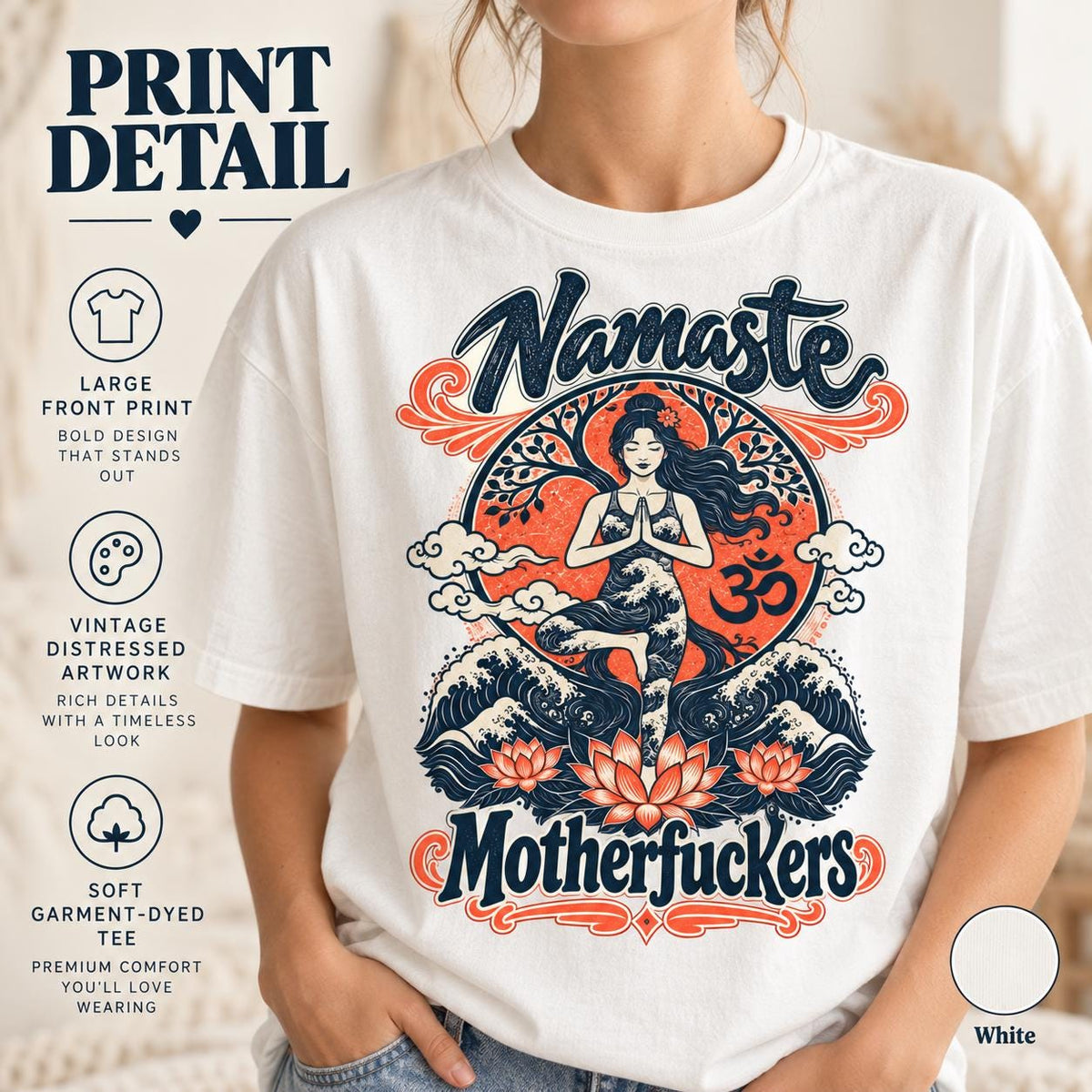 Print detail of the "Namaste Motherfuckers" funny yoga T-shirt by SarcasmArt in White: large front print with vintage distressed artwork on soft garment-dyed cotton.
