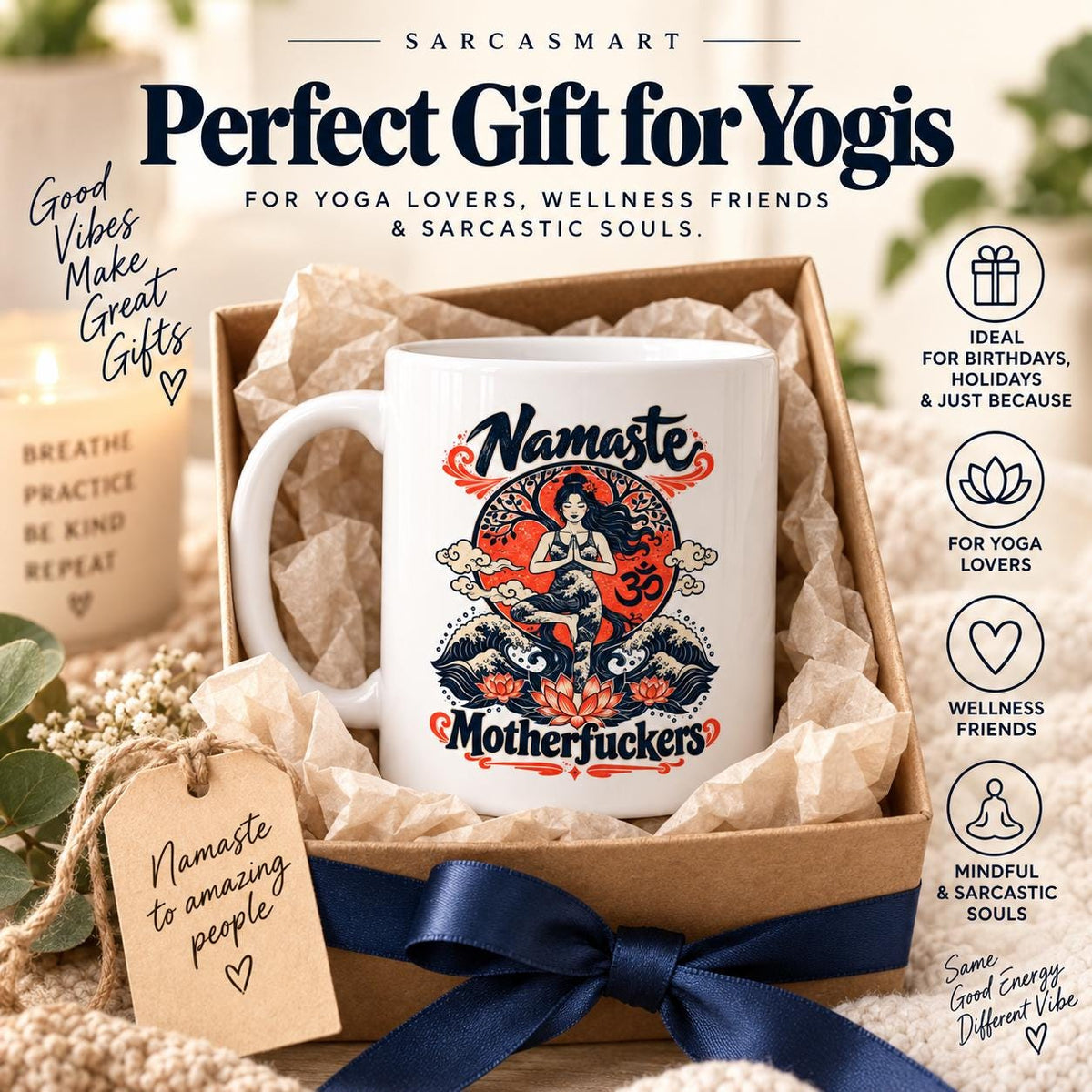 Perfect gift for yogis: the "Namaste Motherfuckers" funny yoga coffee mug by SarcasmArt in a gift box with a navy ribbon – for yoga lovers, wellness friends and sarcastic souls.