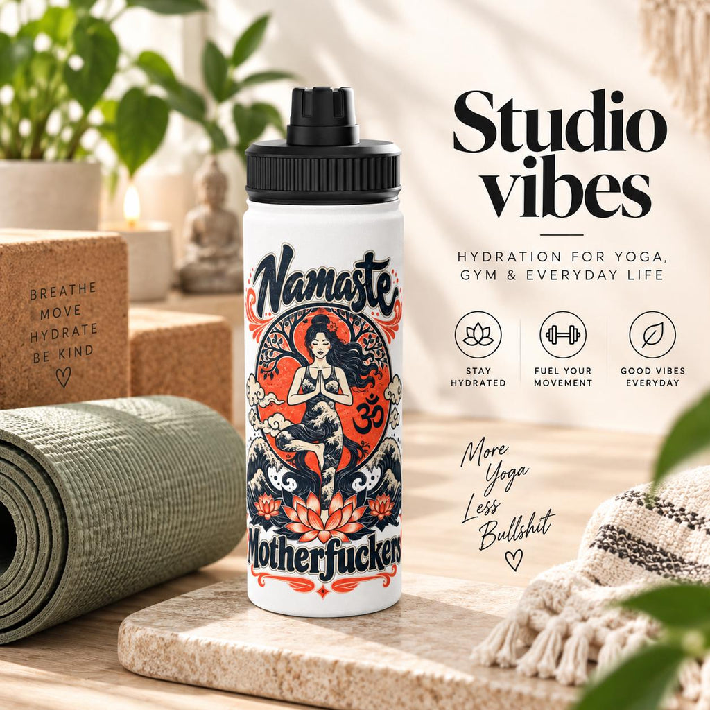 Studio vibes: the "Namaste Motherfuckers" funny yoga water bottle by SarcasmArt next to a rolled yoga mat – hydration for yoga, gym and everyday life.