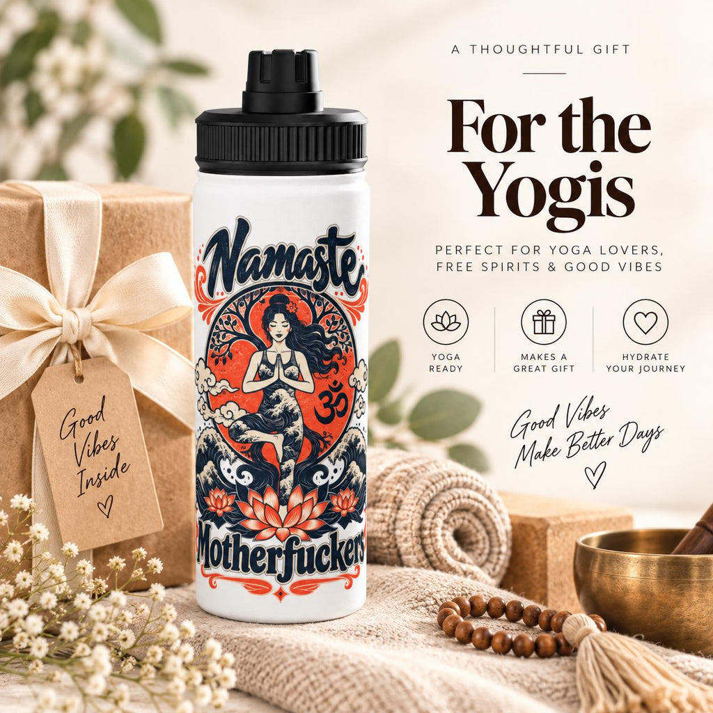 For the yogis: the "Namaste Motherfuckers" funny yoga water bottle by SarcasmArt with a gift box and mala beads – a funny gift for yoga lovers and yoga teachers.