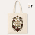 Natural "I Only Come Out at Night to Avoid People" gothic canvas tote bag by SarcasmArt: cotton canvas tote with a crescent moon and dark red Victorian roses in a gold filigree frame around the words I ONLY COME OUT AT NIGHT to avoid people; also available in Black.