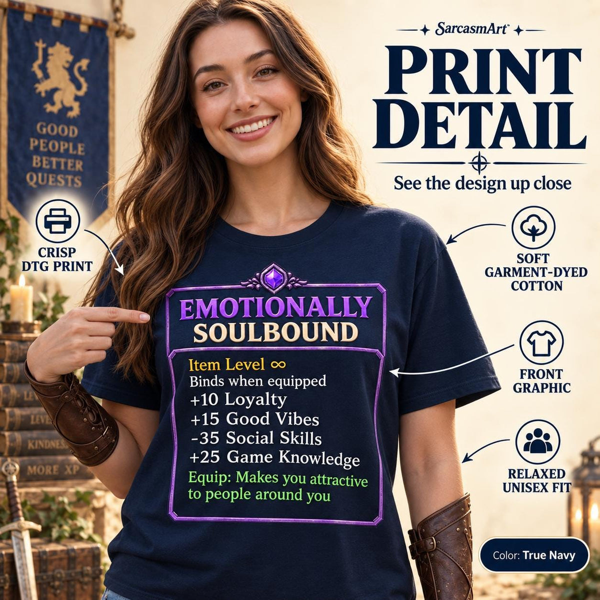 Print detail of the "Emotionally Soulbound" funny RPG gamer T-shirt by SarcasmArt in True Navy: a woman points at the chest print, a purple RPG item tooltip reading EMOTIONALLY SOULBOUND with joke stats like +10 Loyalty, +15 Good Vibes, -25 Social Skills and +25 Gamer Knowledge.