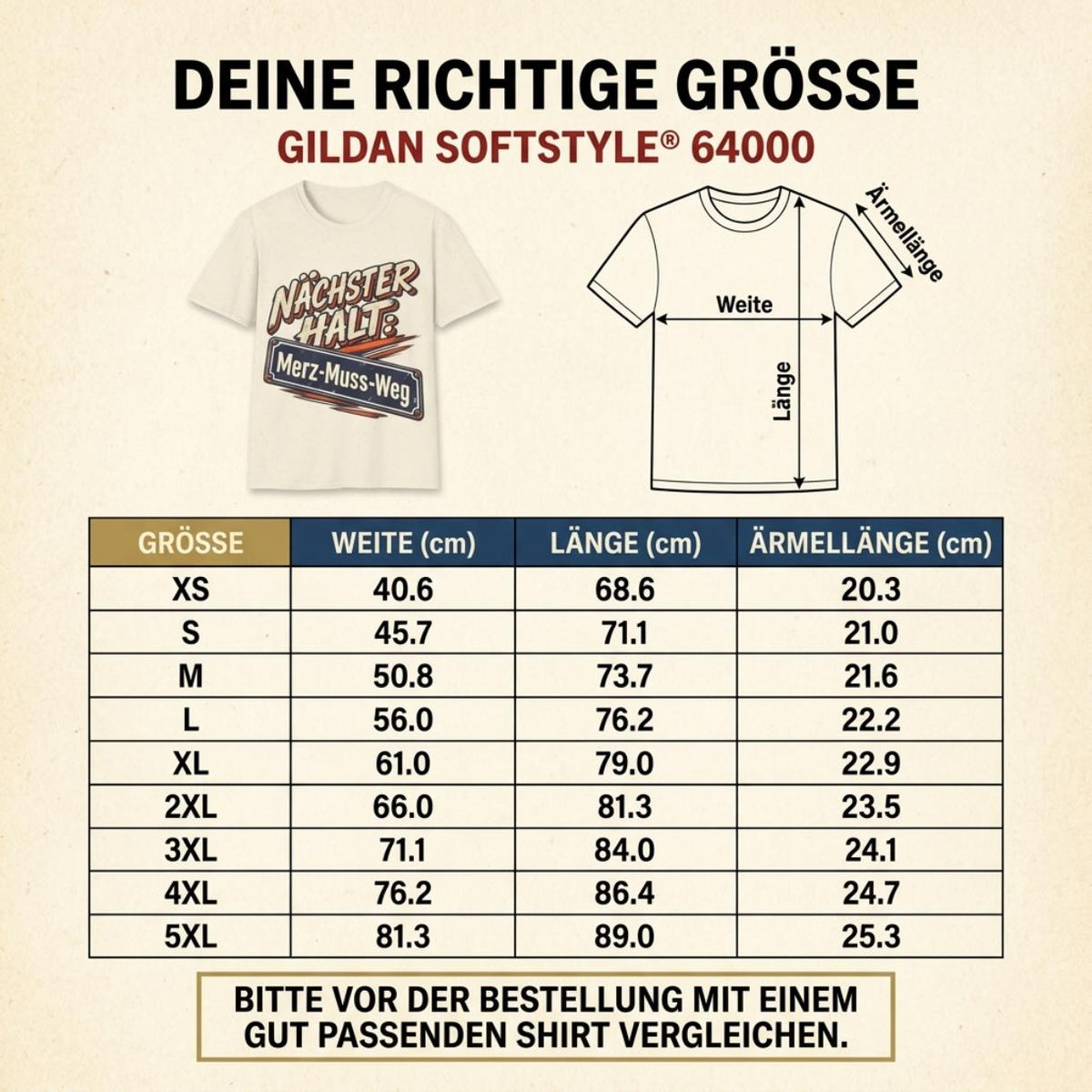Size chart (Deine richtige Größe) for the "Nächster Halt: Merz-Muss-Weg" German political satire T-shirt by SarcasmArt (Gildan Softstyle 64000): width, length and sleeve length in cm for sizes XS to 5XL.