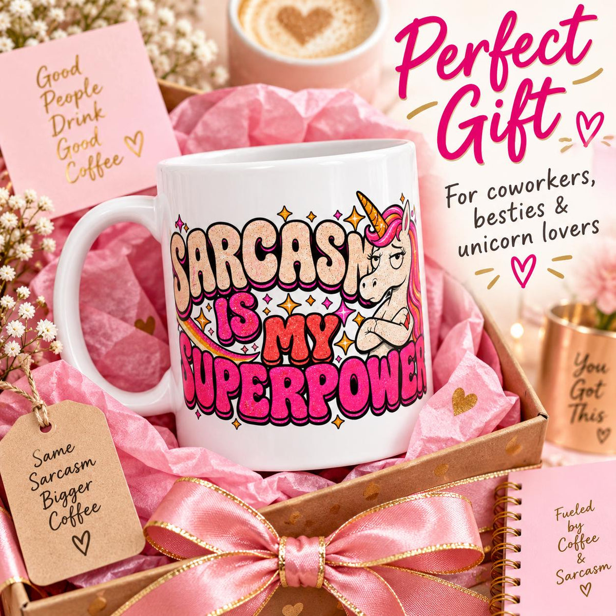 Perfect gift: the "Sarcasm Is My Superpower" unicorn coffee mug by SarcasmArt in a pink gift box with ribbon – for coworkers, besties and unicorn lovers.
