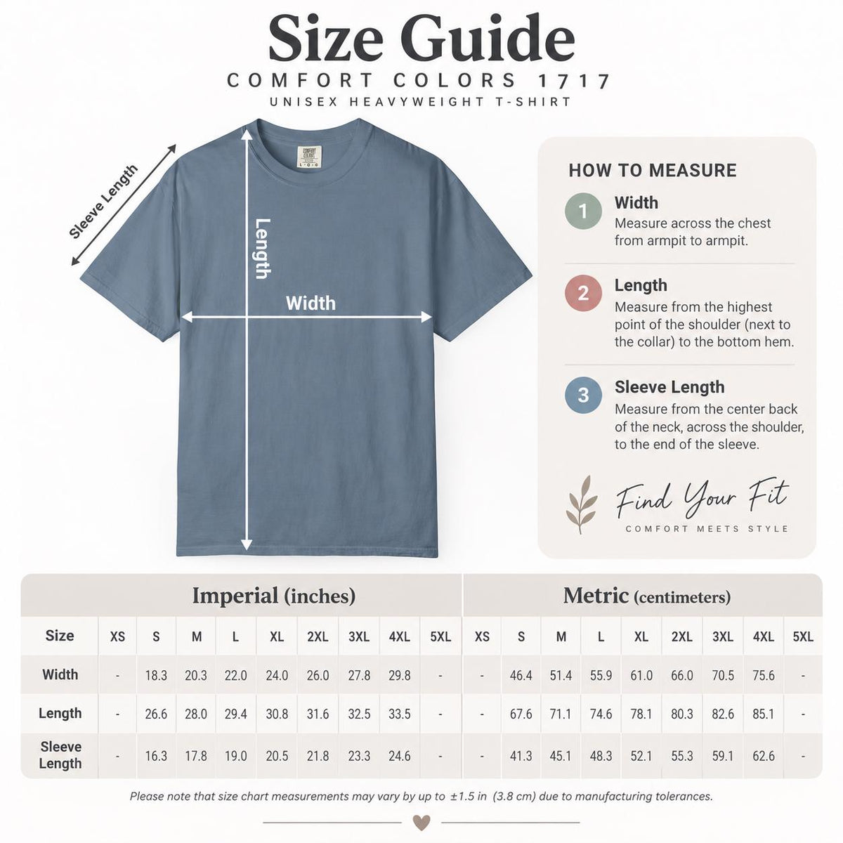 Size guide for the "People – 1 Star, Total Waste of Time and Energy" sarcastic review T-shirt by SarcasmArt (Comfort Colors 1717): how to measure width, length and sleeve, with imperial and metric size charts.