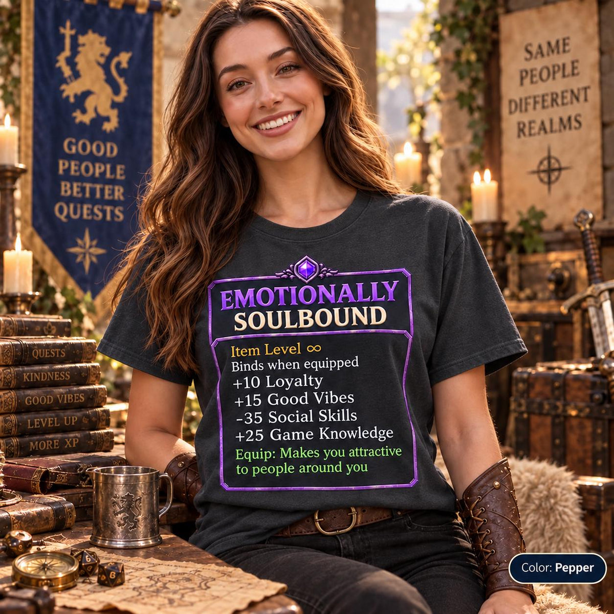 Smiling woman in a fantasy tavern wearing the "Emotionally Soulbound" funny RPG gamer T-shirt by SarcasmArt in Pepper (washed charcoal), a relaxed Comfort Colors 1717 unisex tee.