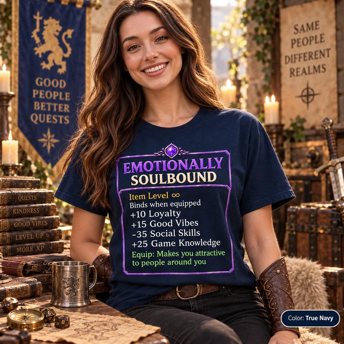 Smiling woman in a fantasy tavern wearing the "Emotionally Soulbound" funny RPG gamer T-shirt by SarcasmArt in True Navy, a soft garment-dyed tee for gamers and tabletop RPG players.