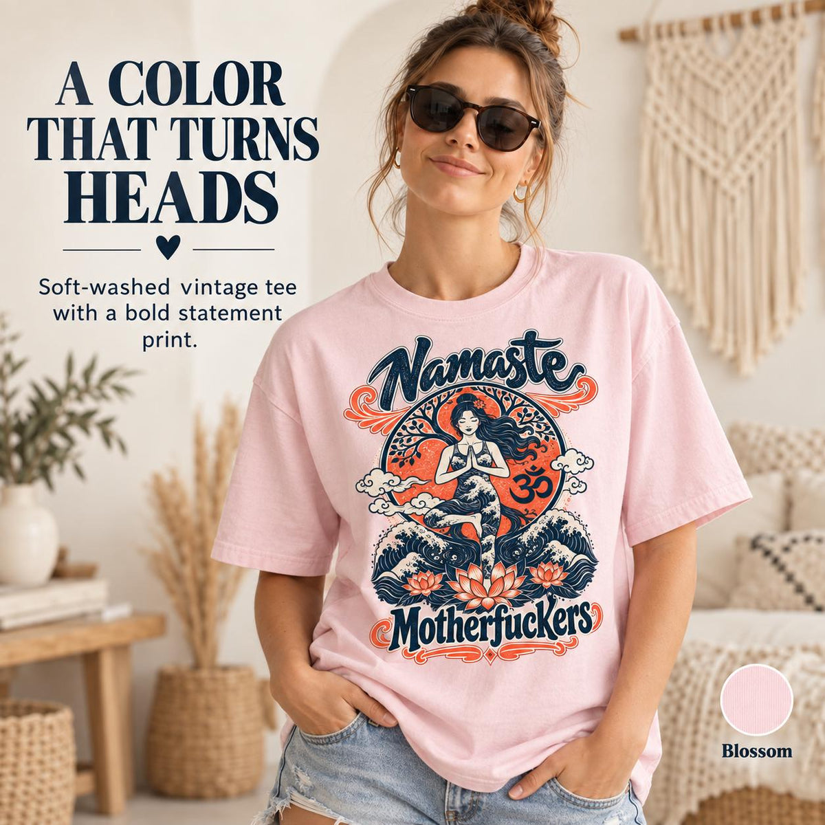 A color that turns heads: woman wearing the "Namaste Motherfuckers" funny yoga T-shirt by SarcasmArt in Blossom (soft pink) – soft-washed vintage tee with a bold statement print.