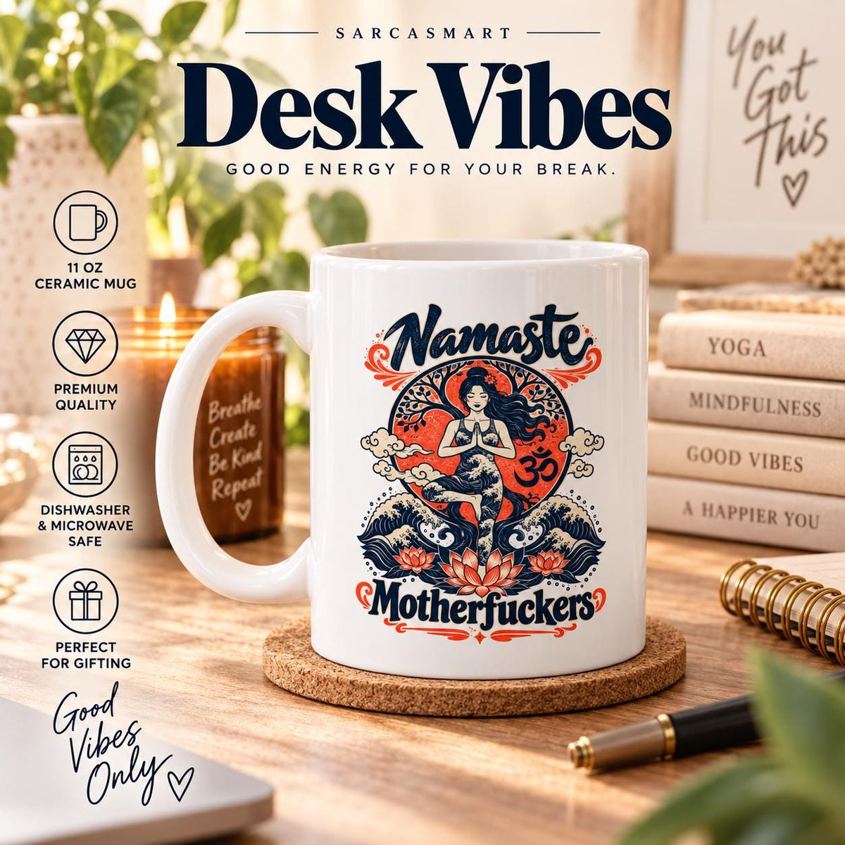 Desk vibes: the "Namaste Motherfuckers" funny yoga coffee mug by SarcasmArt on a desk with books and a candle – good energy for your break.