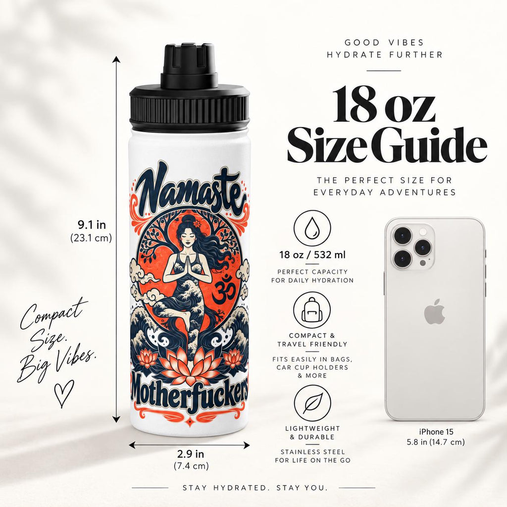 18 oz size guide for the "Namaste Motherfuckers" funny yoga water bottle by SarcasmArt: about 8.4 in tall and 2.9 in wide, compared next to a smartphone.