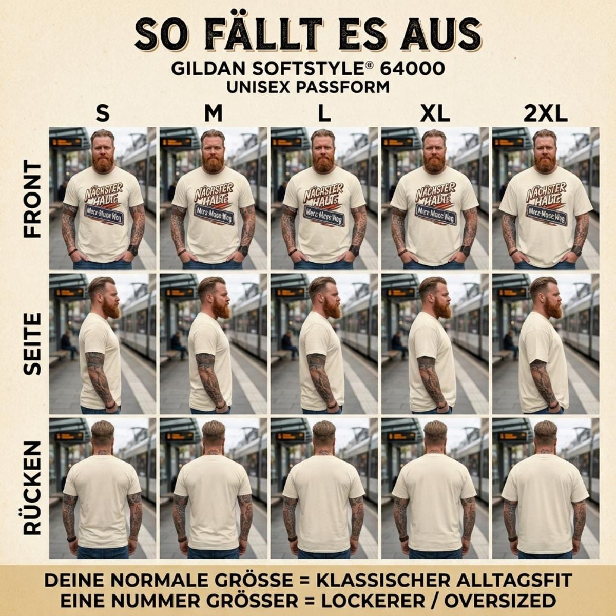 How the "Nächster Halt: Merz-Muss-Weg" German political satire T-shirt by SarcasmArt fits (So fällt es aus): front, side and back views of the Gildan Softstyle 64000 unisex fit in sizes S to 2XL.