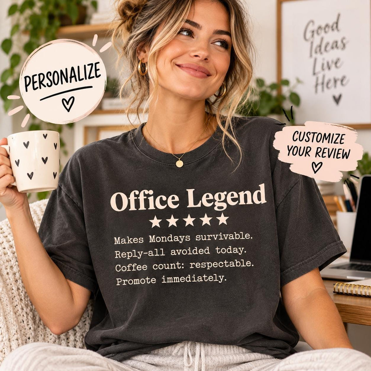 Personalized example: smiling woman wearing the personalized 5-star review T-shirt by SarcasmArt with the title Office Legend – a funny custom gift for a coworker.